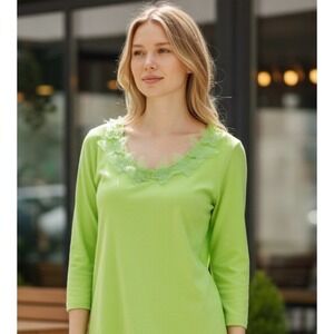 Pink Poodle Blouse Womens L Lime Green Butterfly Applique V-Neck 3/4 old money